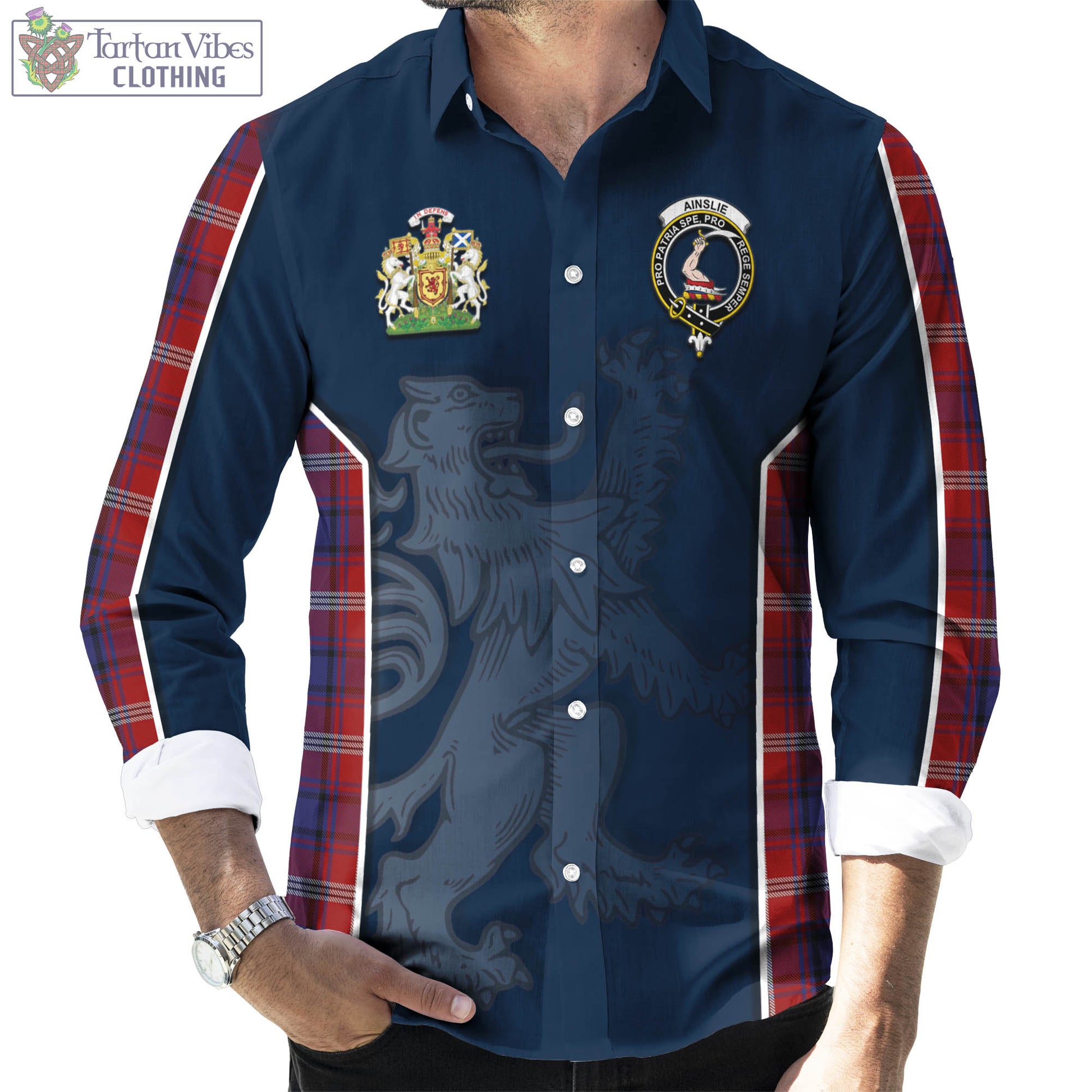 Tartan Vibes Clothing Ainslie Tartan Long Sleeve Button Up Shirt with Family Crest and Lion Rampant Vibes Sport Style
