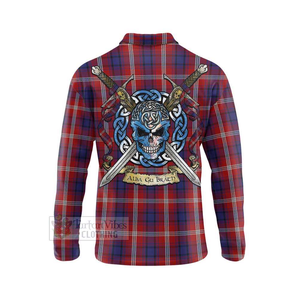 Ainslie Tartan Long Sleeve Polo Shirt with Family Crest Celtic Skull Style - Tartan Vibes Clothing