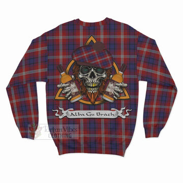 Ainslie Tartan Sweatshirt with Family Crest and Bearded Skull Holding Bottles of Whiskey - Tartan Vibes Clothing