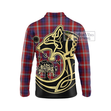 Ainslie Tartan Long Sleeve Polo Shirt with Family Crest Celtic Wolf Style - Tartan Vibes Clothing