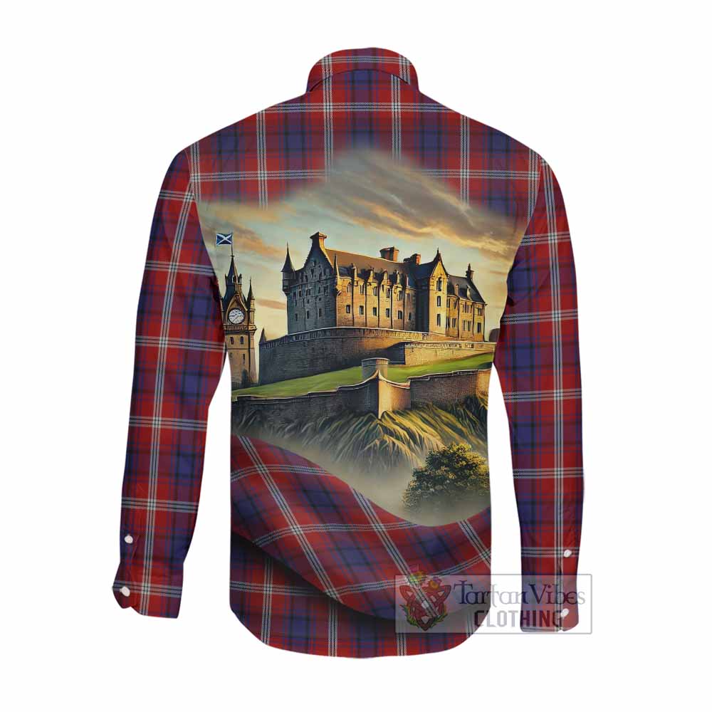 Tartan Vibes Clothing Ainslie Tartan Family Crest Long Sleeve Button Shirt with Scottish Ancient Castle Style