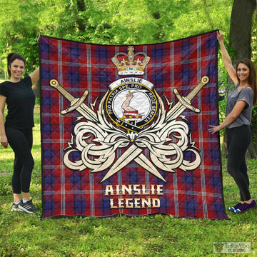 Ainslie Tartan Quilt with Clan Crest and the Golden Sword of Courageous Legacy Super King Quilt 91" x 110" - Tartan Vibes Clothing