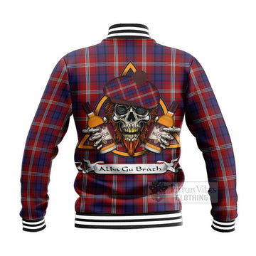 Ainslie Tartan Baseball Jacket with Family Crest and Bearded Skull Holding Bottles of Whiskey - Tartan Vibes Clothing