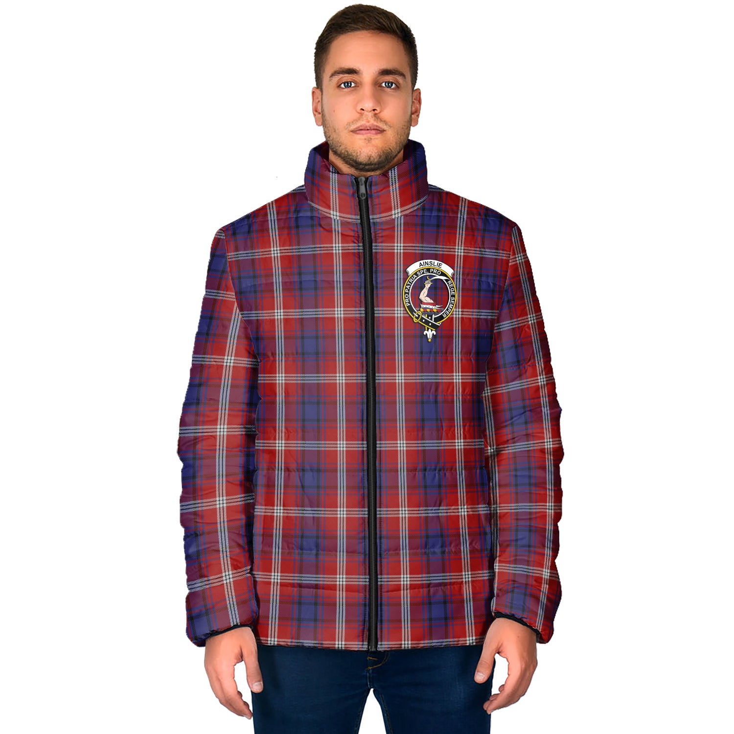 Ainslie Tartan Padded Jacket with Family Crest - Tartan Vibes Clothing