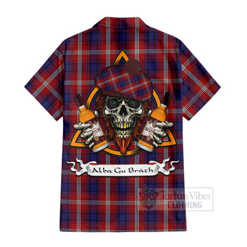 Ainslie Tartan Hawaiian Shirt with Family Crest and Bearded Skull Holding Bottles of Whiskey - Tartan Vibes Clothing