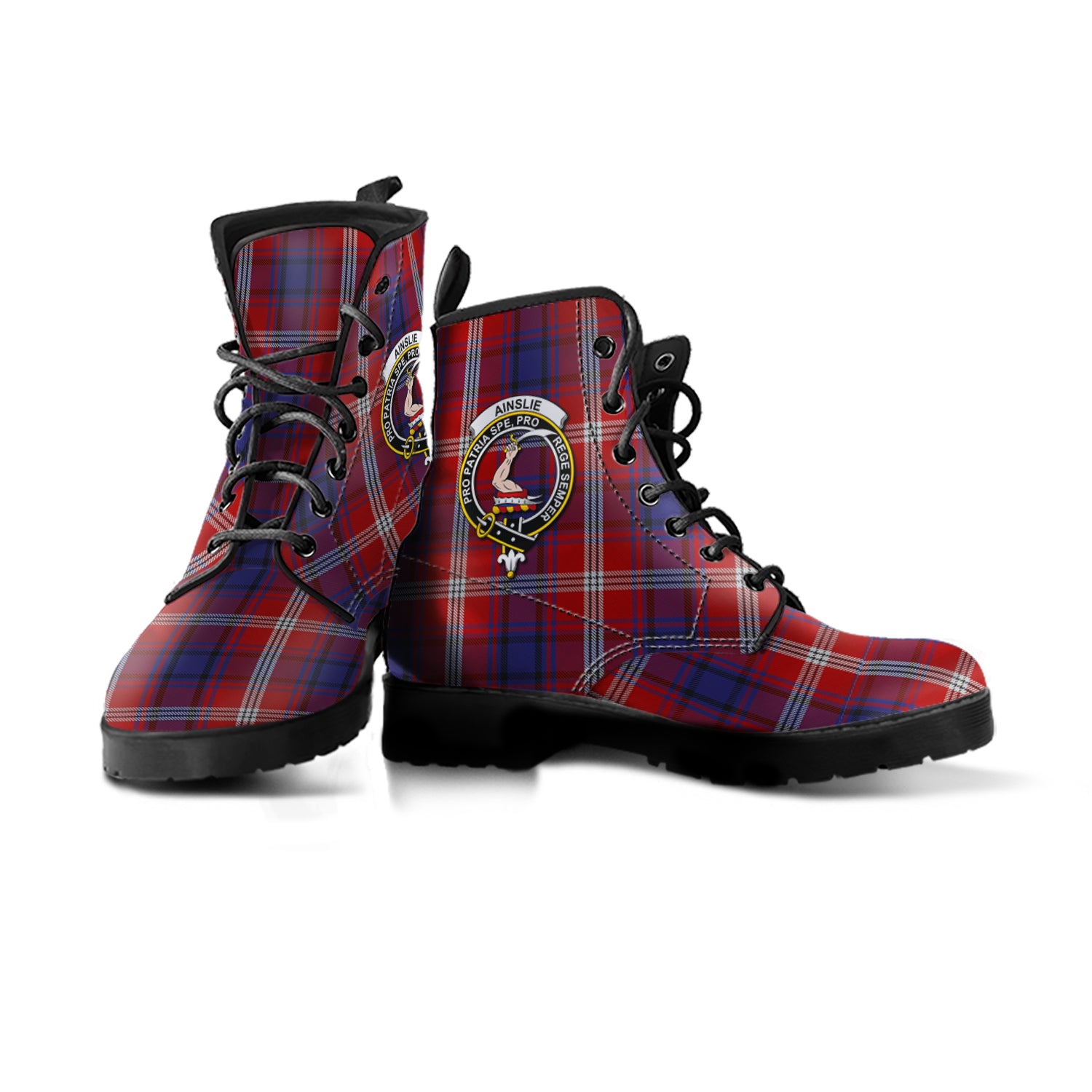 Ainslie Tartan Leather Boots with Family Crest - Tartanvibesclothing