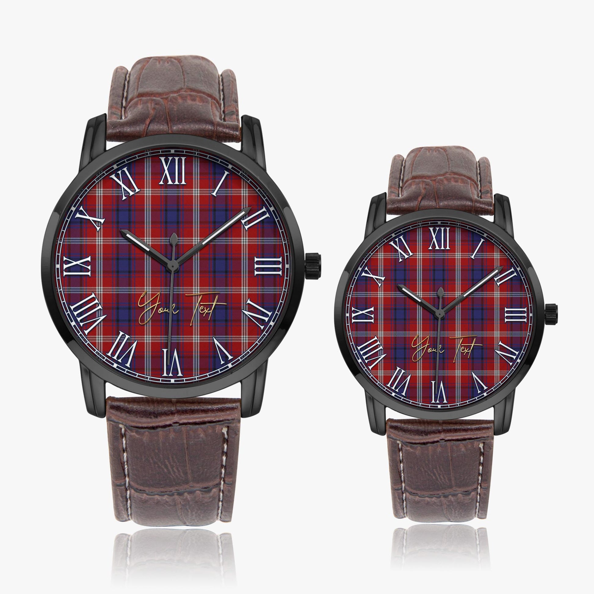 Ainslie Tartan Personalized Your Text Leather Trap Quartz Watch Wide Type Black Case With Brown Leather Strap - Tartanvibesclothing