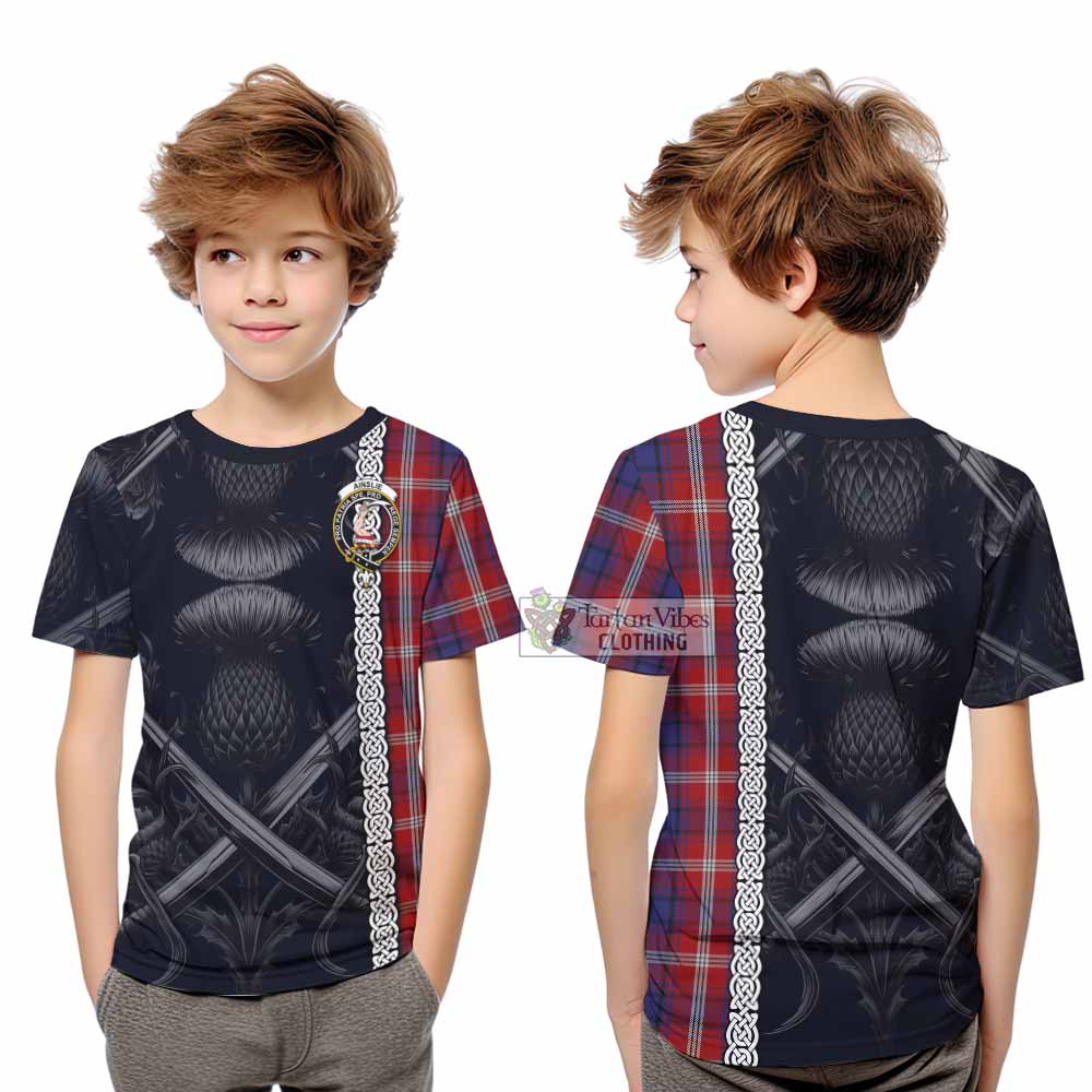 Ainslie Tartan Kid T-Shirt with Family Crest Cross Sword Thistle Celtic Vibes - Tartan Vibes Clothing