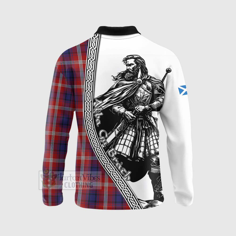 Ainslie Tartan Clan Crest Long Sleeve Polo Shirt with Highlander Warrior Celtic Style - Tartan Vibes Clothing