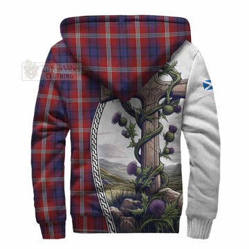 Ainslie Tartan Sherpa Hoodie with Family Crest and St. Andrew's Cross Accented by Thistle Vines - Tartan Vibes Clothing