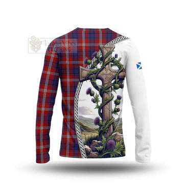 Ainslie Tartan Long Sleeve T-Shirt with Family Crest and St. Andrew's Cross Accented by Thistle Vines - Tartan Vibes Clothing