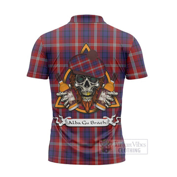 Ainslie Tartan Zipper Polo Shirt with Family Crest and Bearded Skull Holding Bottles of Whiskey - Tartan Vibes Clothing
