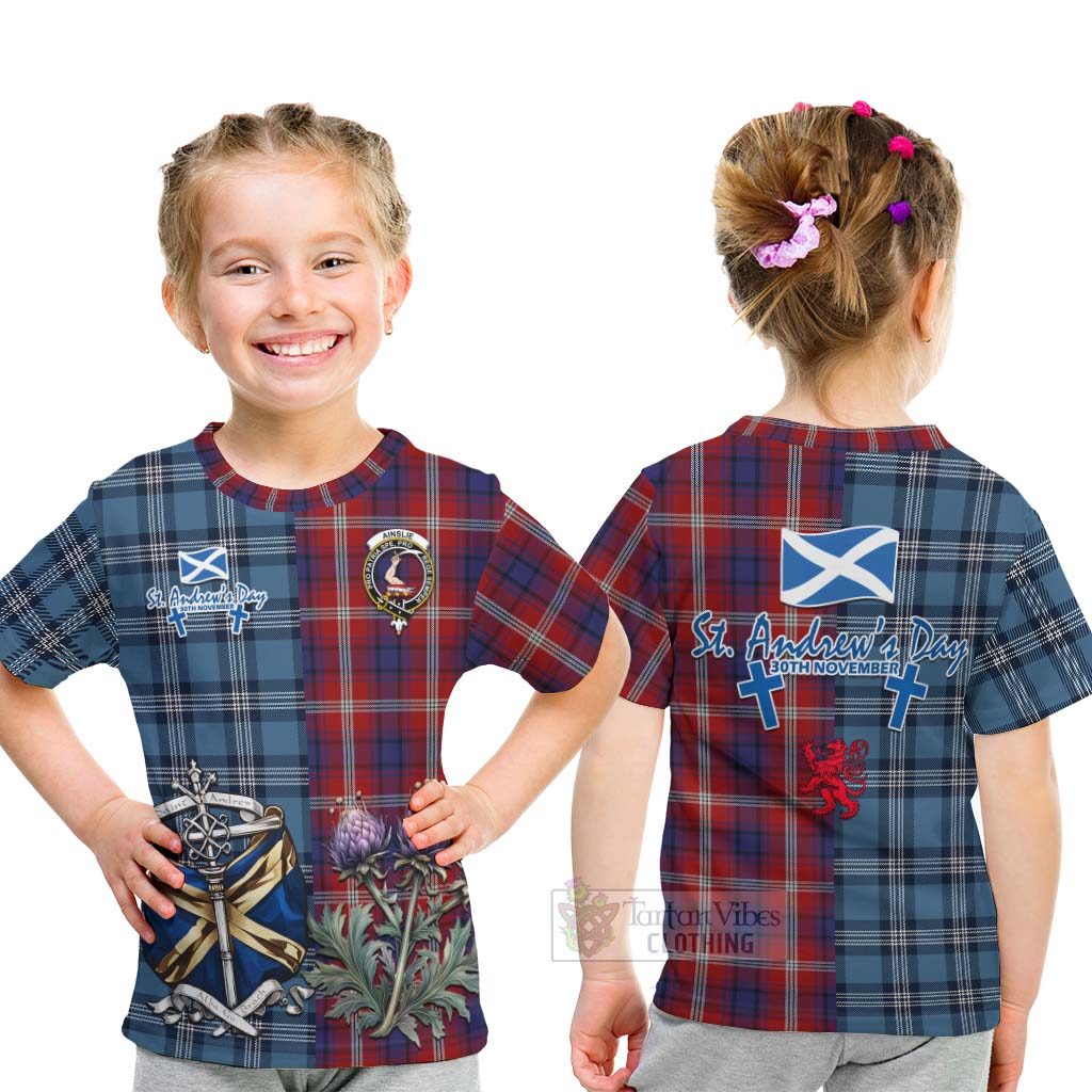 Ainslie Tartan Kid T-Shirt Happy St. Andrew's Day Half Tartan Style - Tartan Vibes Clothing