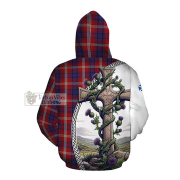 Ainslie Tartan Cotton Hoodie with Family Crest and St. Andrew's Cross Accented by Thistle Vines Pullover Hoodie - Tartan Vibes Clothing
