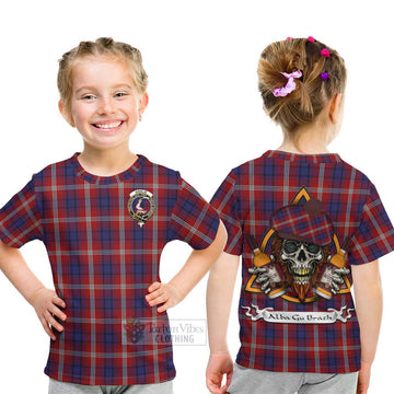 Ainslie Tartan Kid T-Shirt with Family Crest and Bearded Skull Holding Bottles of Whiskey - Tartan Vibes Clothing