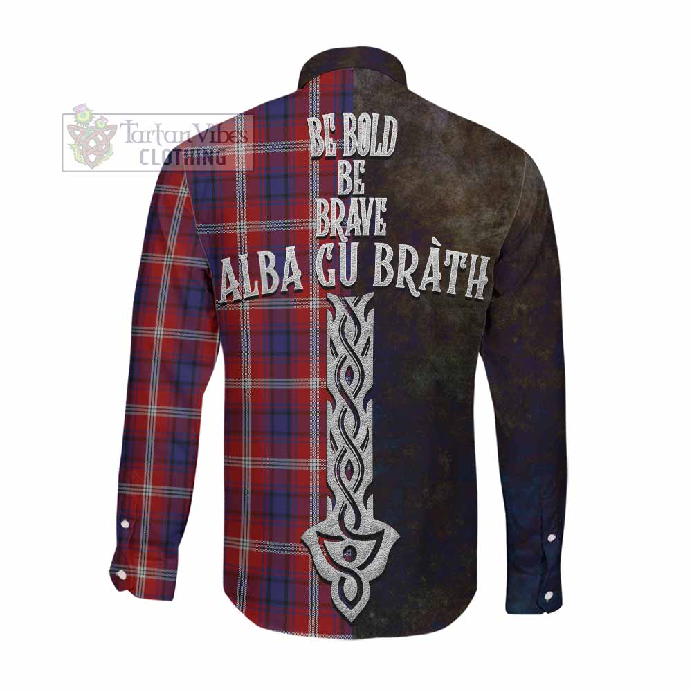 Ainslie Tartan Family Crest Long Sleeve Button Shirt Alba Gu Brath Be Brave Lion Ancient Style Men's Shirt - Tartan Vibes Clothing