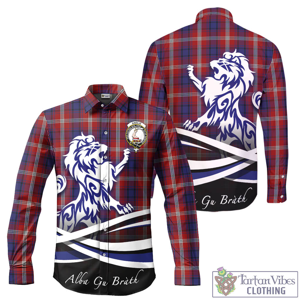 Ainslie Tartan Long Sleeve Button Up Shirt with Alba Gu Brath Regal Lion Emblem - Tartan Vibes Clothing