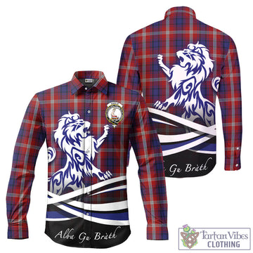 Ainslie Tartan Long Sleeve Button Up Shirt with Alba Gu Brath Regal Lion Emblem - Tartan Vibes Clothing