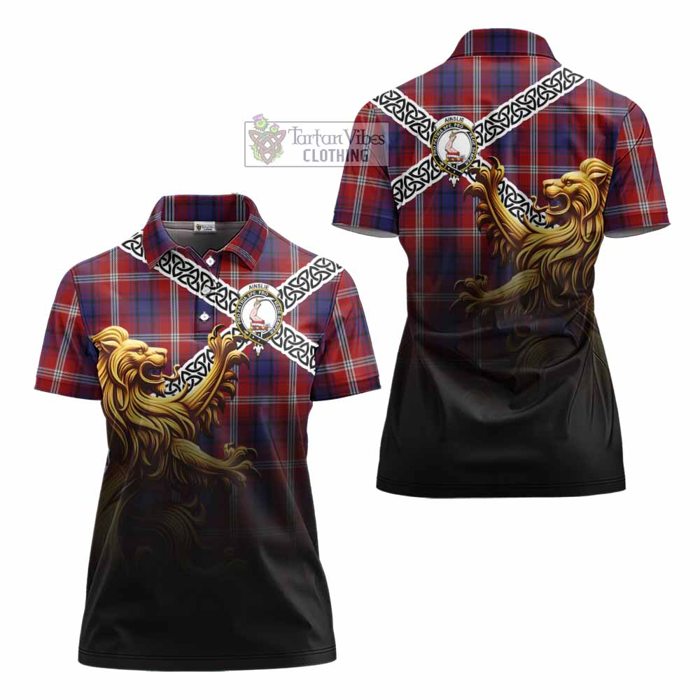Ainslie Crest Tartan Women's Polo Shirt with Golden Lion Emblem Celtic Style - Tartan Vibes Clothing