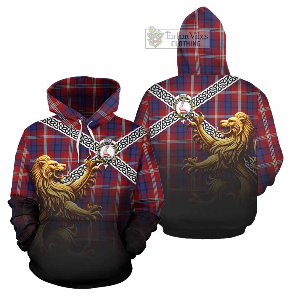 Ainslie Crest Tartan Hoodie with Golden Lion Emblem Celtic Style - Tartan Vibes Clothing