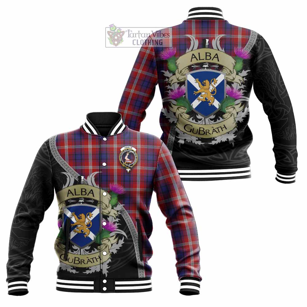 Ainslie Tartan Family Crest Baseball Jacket Lion Rampant Royal Thistle Shield Celtic Inspired - Tartan Vibes Clothing