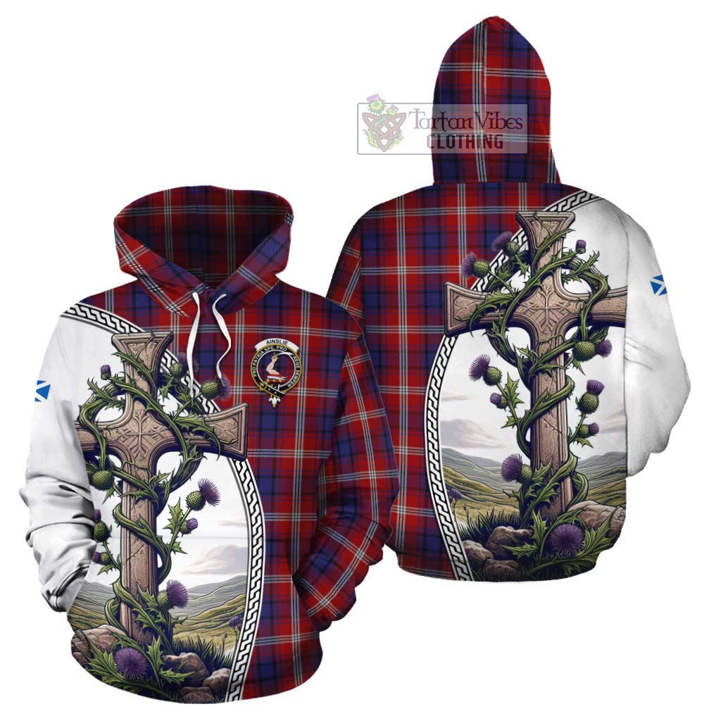 Tartan Vibes Clothing Ainslie Tartan Cotton Hoodie with Family Crest and St. Andrew's Cross Accented by Thistle Vines