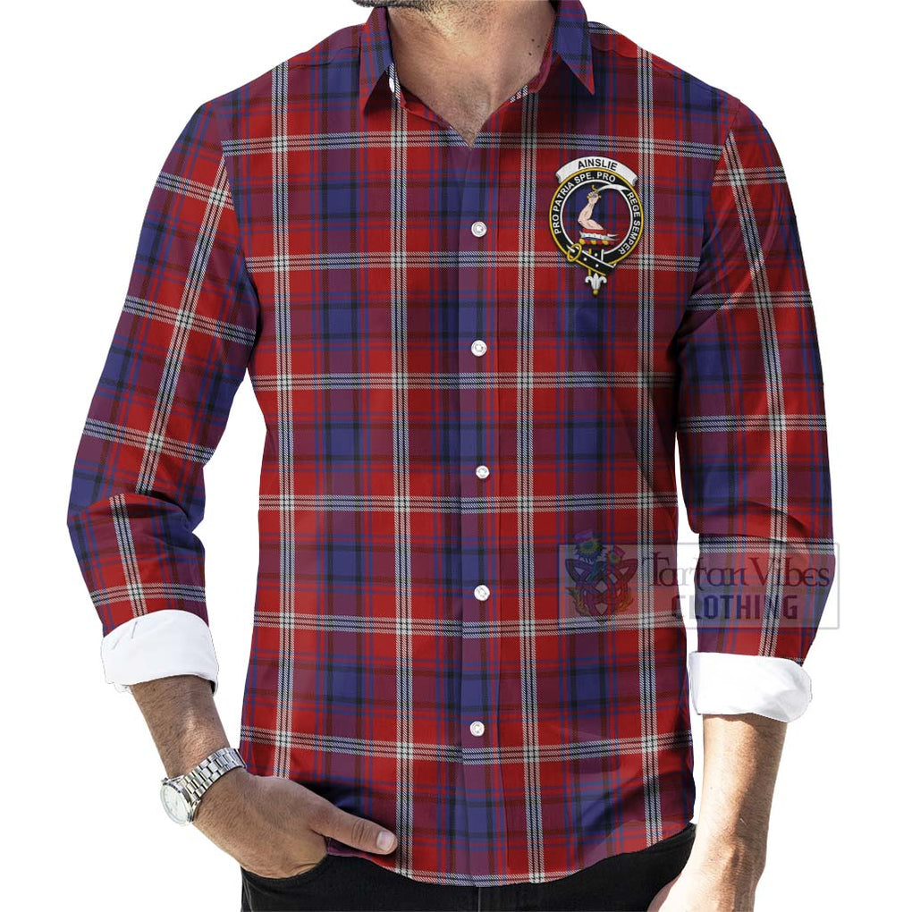 Ainslie Tartan Long Sleeve Button Shirt with Family Crest Celtic Skull Style - Tartan Vibes Clothing