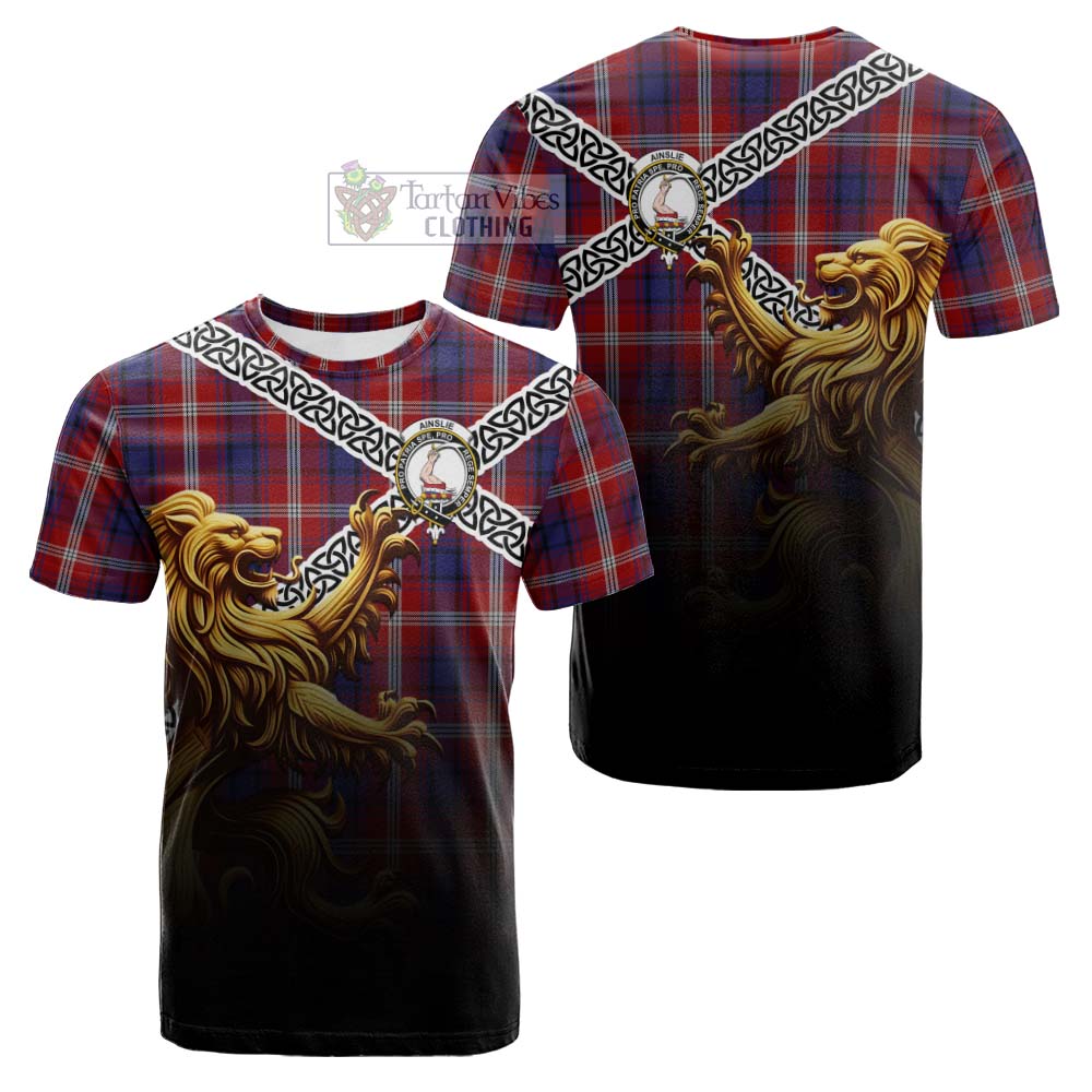 Tartan Vibes Clothing Ainslie Crest Tartan Cotton T-shirt with Golden Lion Emblem Celtic Style