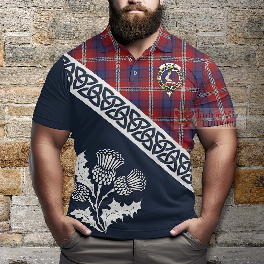 Ainslie Tartan Polo Shirt Featuring Thistle and Scotland Map - Tartanvibesclothing Store