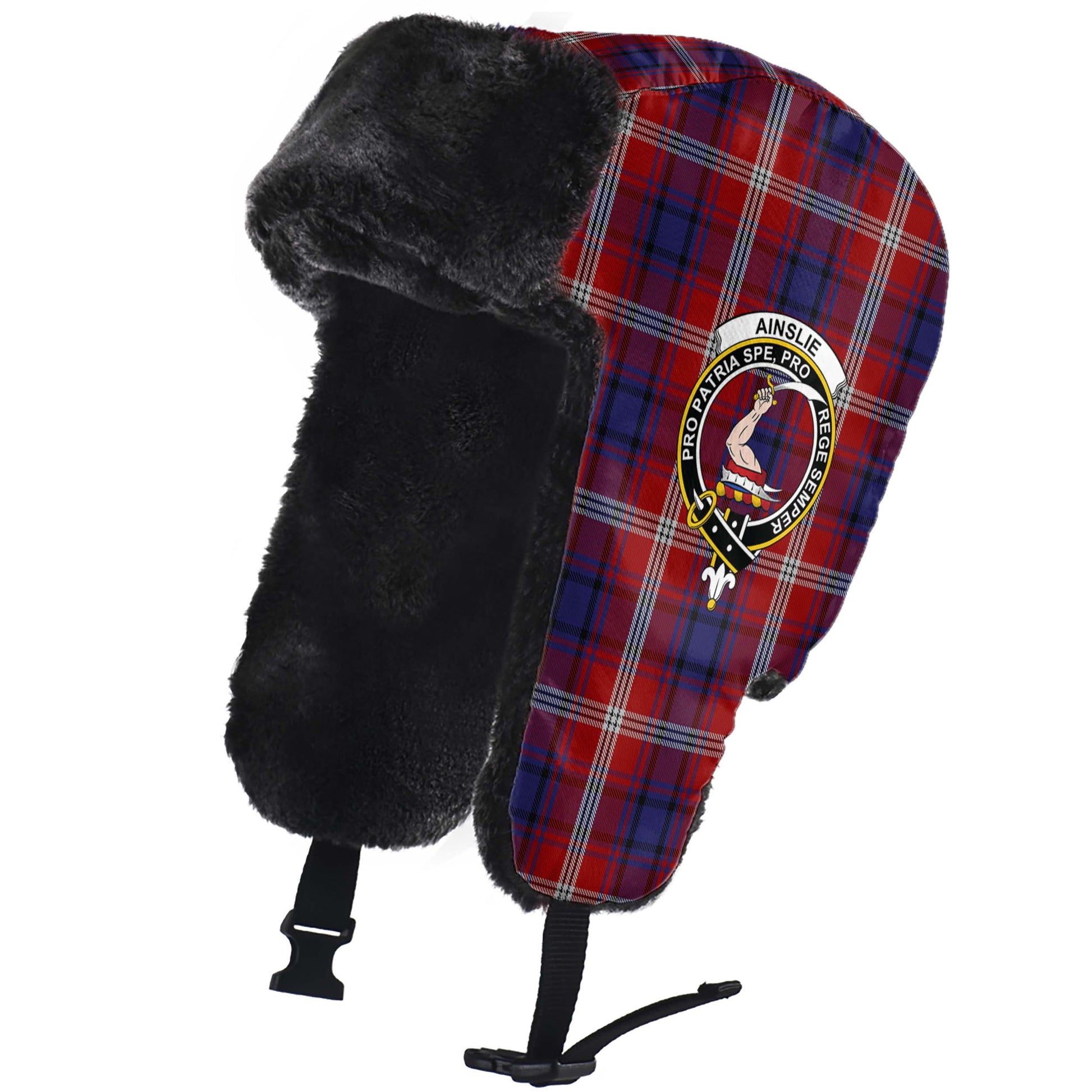 Ainslie Tartan Winter Trapper Hat with Family Crest - Tartanvibesclothing
