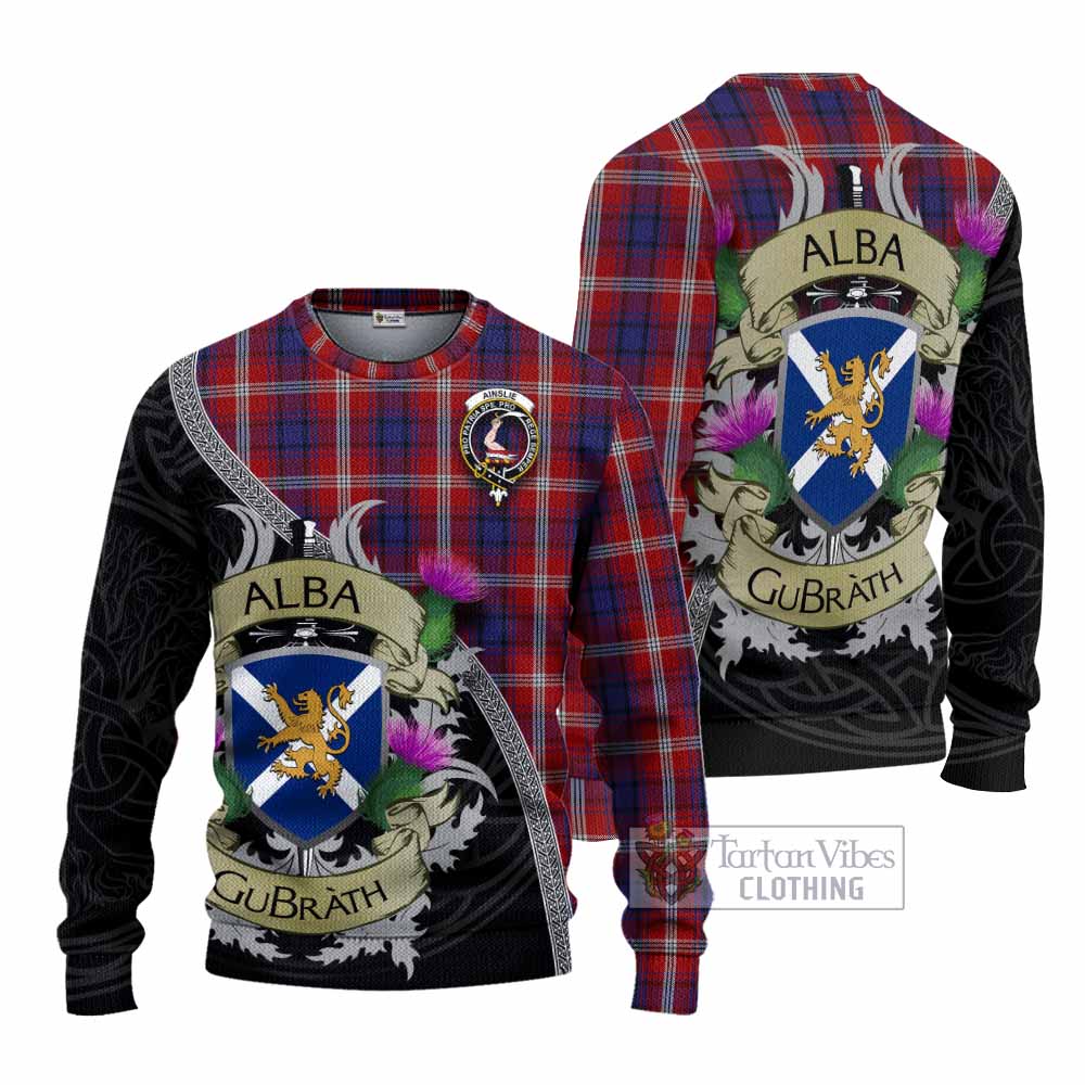 Ainslie Tartan Family Crest Knitted Sweater Lion Rampant Royal Thistle Shield Celtic Inspired - Tartan Vibes Clothing