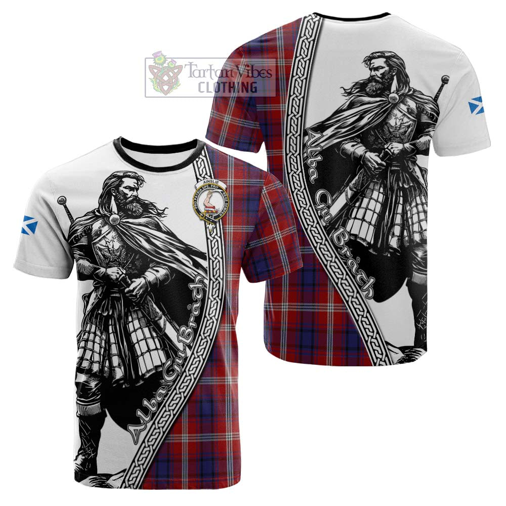 Ainslie Tartan Clan Crest Cotton T-shirt with Highlander Warrior Celtic Style - Tartan Vibes Clothing