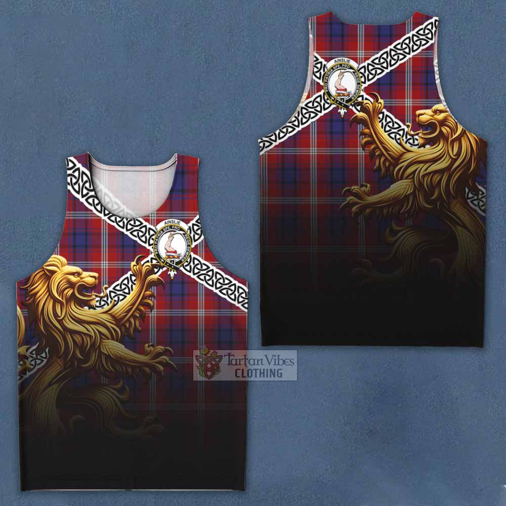 Ainslie Crest Tartan Men's Tank Top with Golden Lion Emblem Celtic Style - Tartan Vibes Clothing