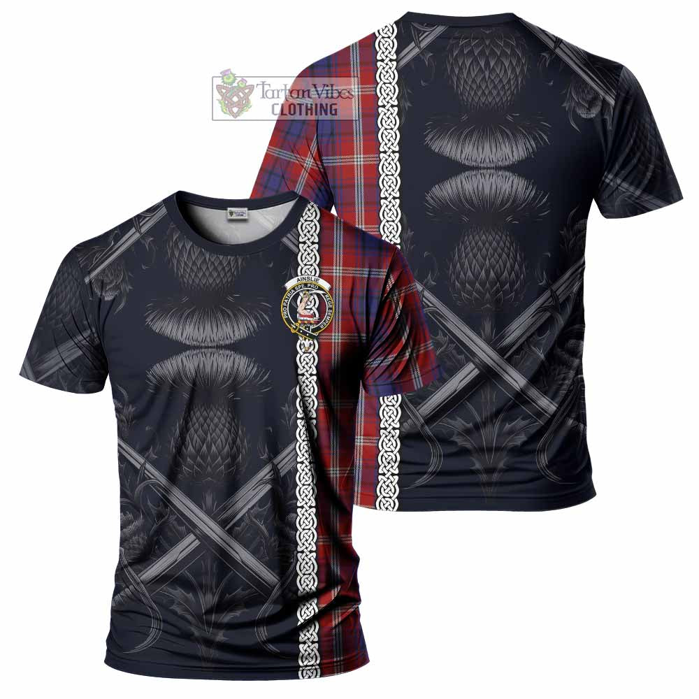 Ainslie Tartan T-Shirt with Family Crest Cross Sword Thistle Celtic Vibes - Tartan Vibes Clothing