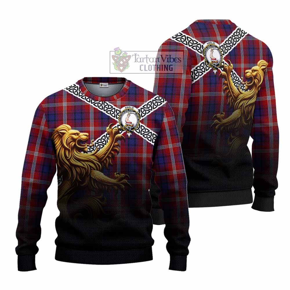 Ainslie Crest Tartan Knitted Sweater with Golden Lion Emblem Celtic Style - Tartan Vibes Clothing