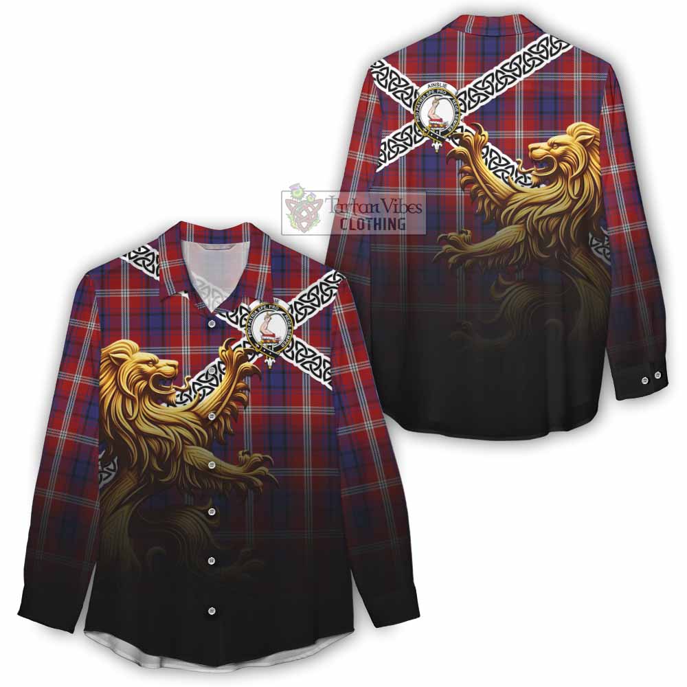 Ainslie Crest Tartan Women's Casual Shirt with Golden Lion Emblem Celtic Style - Tartan Vibes Clothing