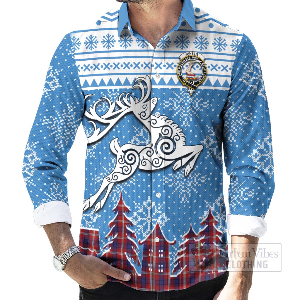 Ainslie Clan Christmas Long Sleeve Button Shirt Celtic Reindeer Style - Tartan Vibes Clothing