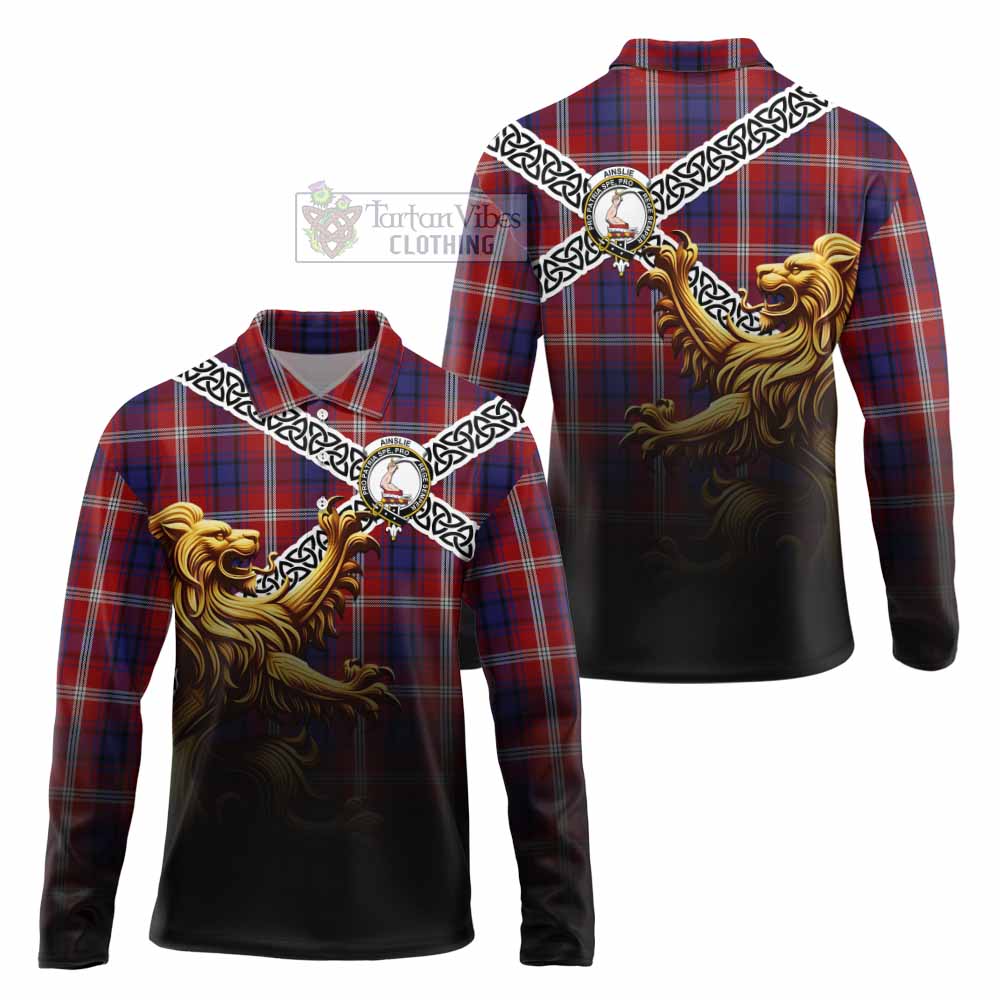 Ainslie Crest Tartan Long Sleeve Polo Shirt with Golden Lion Emblem Celtic Style - Tartan Vibes Clothing