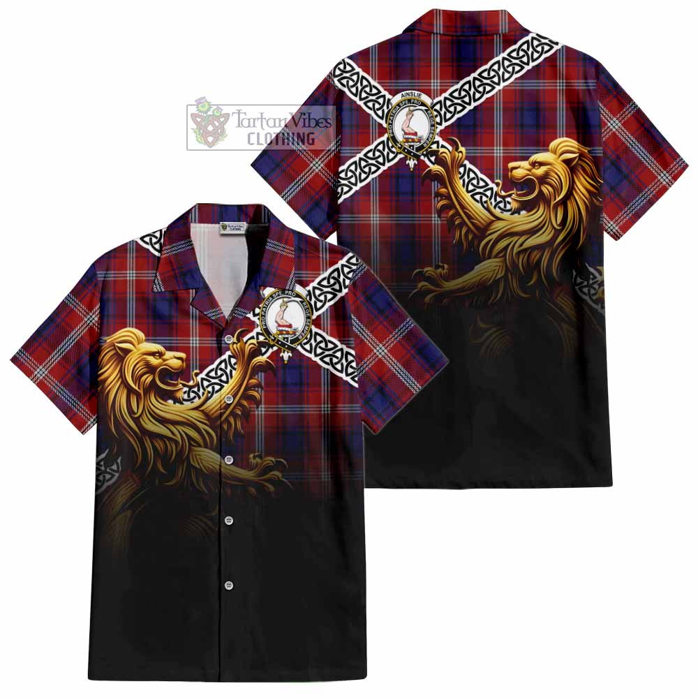Ainslie Crest Tartan Hawaiian Shirt with Golden Lion Emblem Celtic Style - Tartan Vibes Clothing