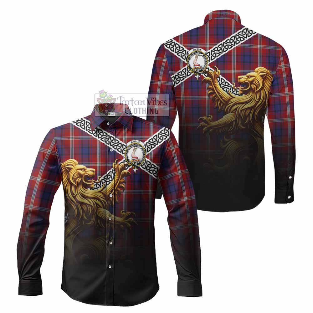 Ainslie Crest Tartan Long Sleeve Button Shirt with Golden Lion Emblem Celtic Style - Tartan Vibes Clothing