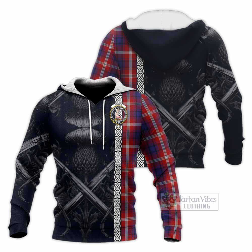 Tartan Vibes Clothing Ainslie Tartan Knitted Hoodie with Family Crest Cross Sword Thistle Celtic Vibes