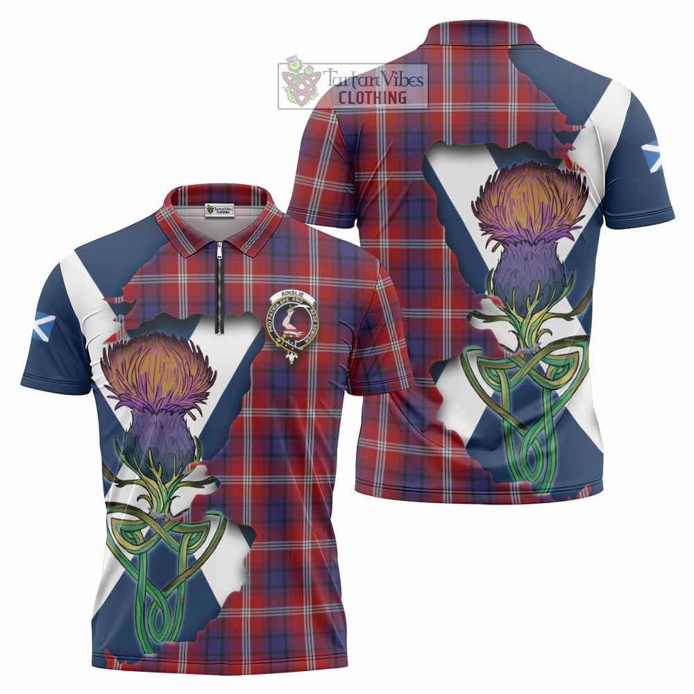 Tartan Vibes Clothing Ainslie Tartan Family Crest Zipper Polo Shirt Scottish Thistle Celtic Inspired