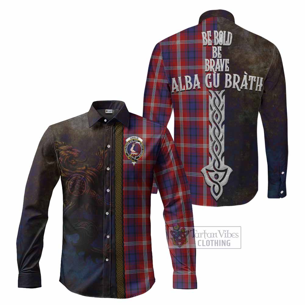 Ainslie Tartan Family Crest Long Sleeve Button Shirt Alba Gu Brath Be Brave Lion Ancient Style - Tartan Vibes Clothing