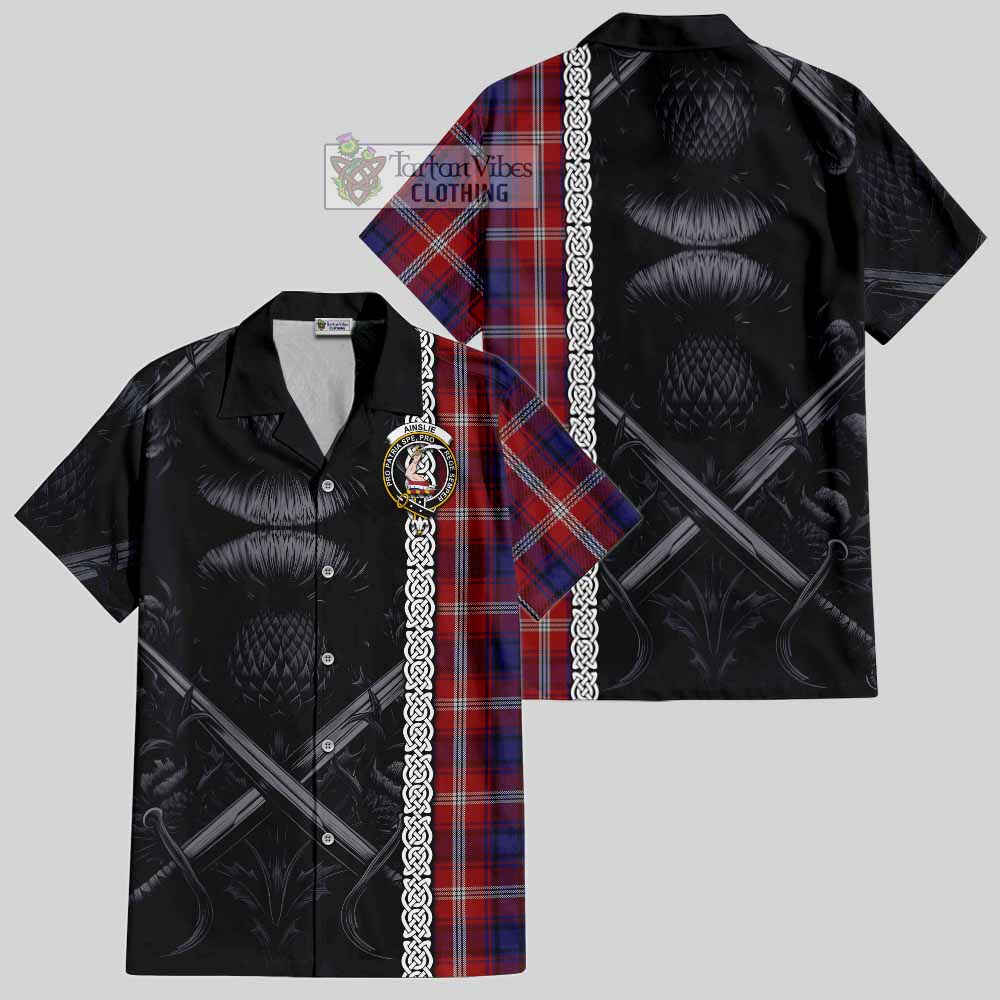 Ainslie Tartan Hawaiian Shirt with Family Crest Cross Sword Thistle Celtic Vibes - Tartan Vibes Clothing
