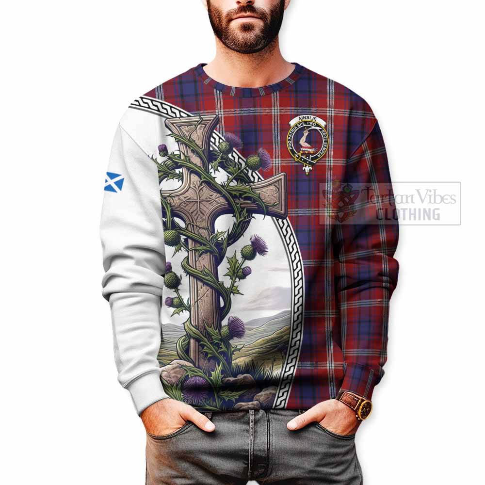 Ainslie Tartan Sweatshirt with Family Crest and St. Andrew's Cross Accented by Thistle Vines - Tartan Vibes Clothing