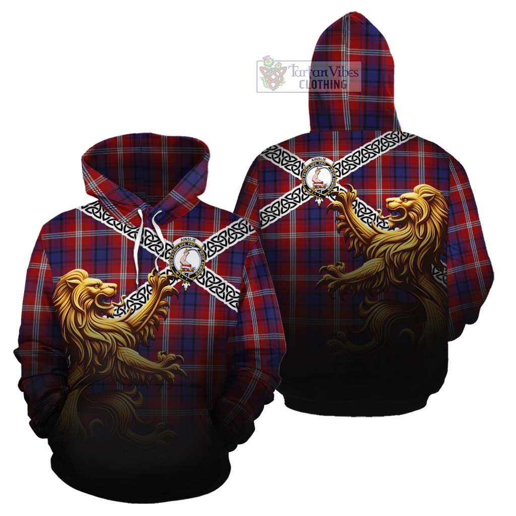 Ainslie Crest Tartan Cotton Hoodie with Golden Lion Emblem Celtic Style - Tartan Vibes Clothing