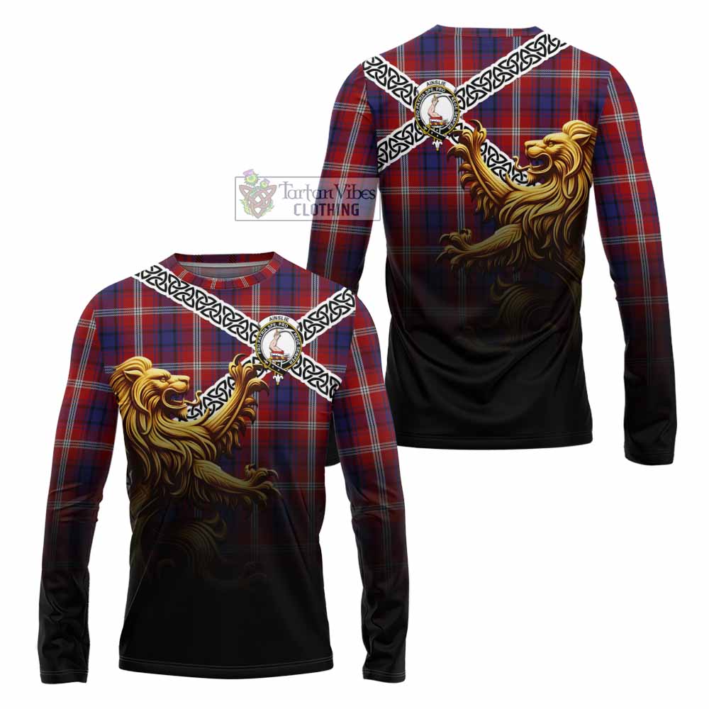 Ainslie Crest Tartan Long Sleeve T-Shirt with Golden Lion Emblem Celtic Style - Tartan Vibes Clothing