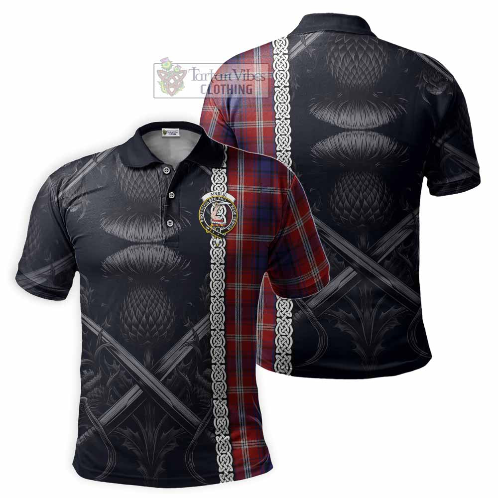 Ainslie Tartan Polo Shirt with Family Crest Cross Sword Thistle Celtic Vibes - Tartan Vibes Clothing