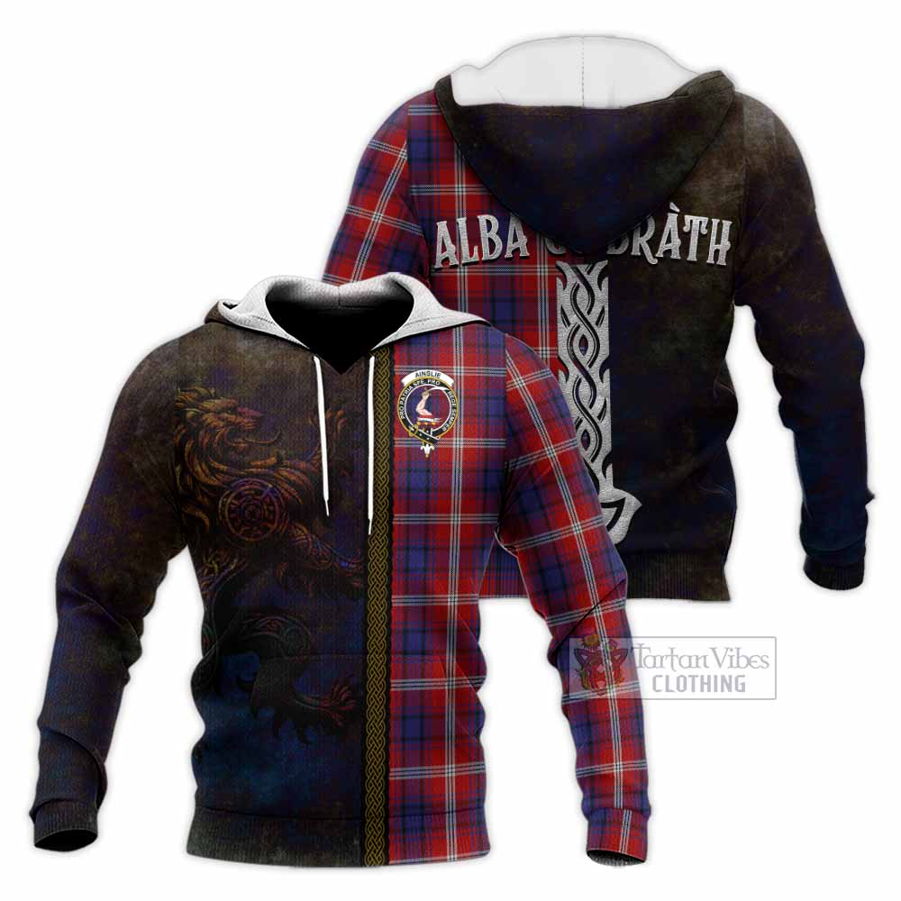 Tartan Vibes Clothing Ainslie Tartan Family Crest Knitted Hoodie Alba Gu Brath Be Brave Lion Ancient Style