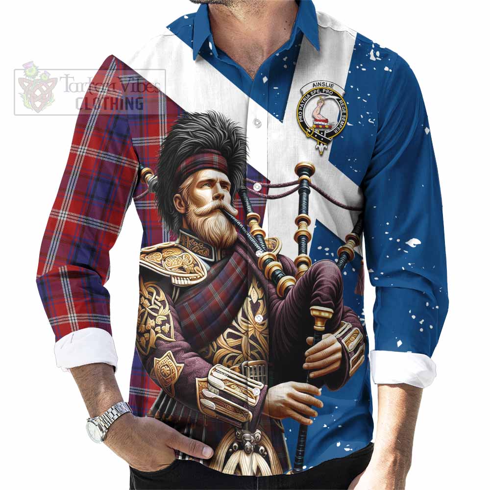 Ainslie Tartan Long Sleeve Button Shirt with Family Crest Scottish Bagpiper Vibes - Tartan Vibes Clothing